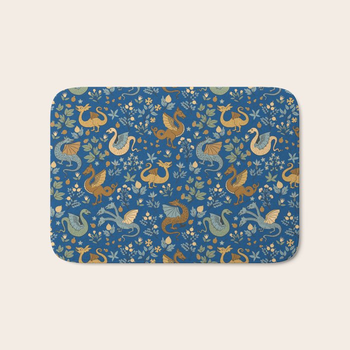 Dragons and Flowers on Classic Blue Bath Mat Gallery Image 1