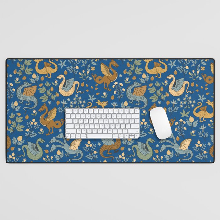 Dragons and Flowers on Classic Blue Desk Mat Gallery Image 1