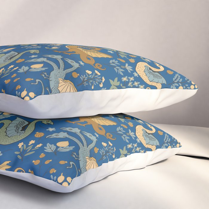 Dragons and Flowers on Classic Blue Pillow Sham Gallery Image 3