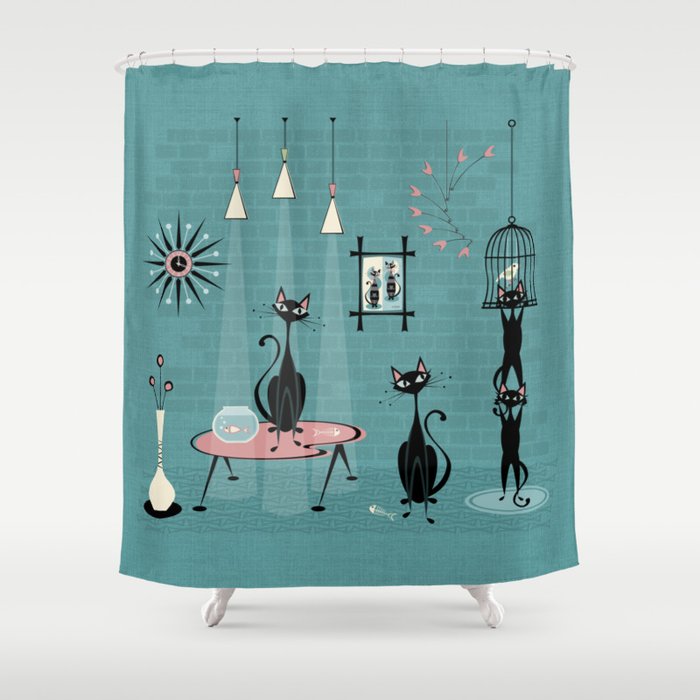 Mid Century Kitty Mischief - ©studioxtine Shower Curtain Gallery Image 1