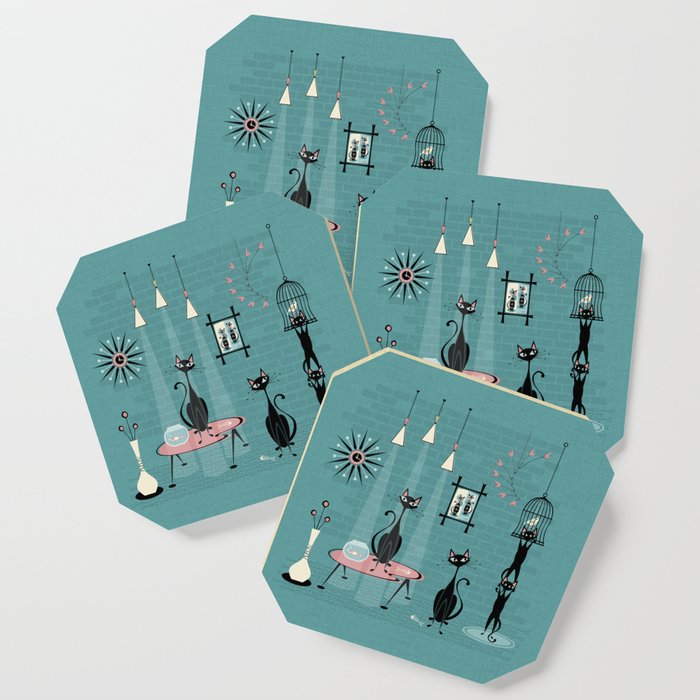 Mid Century Kitty Mischief - ©studioxtine Coaster Gallery Image 1