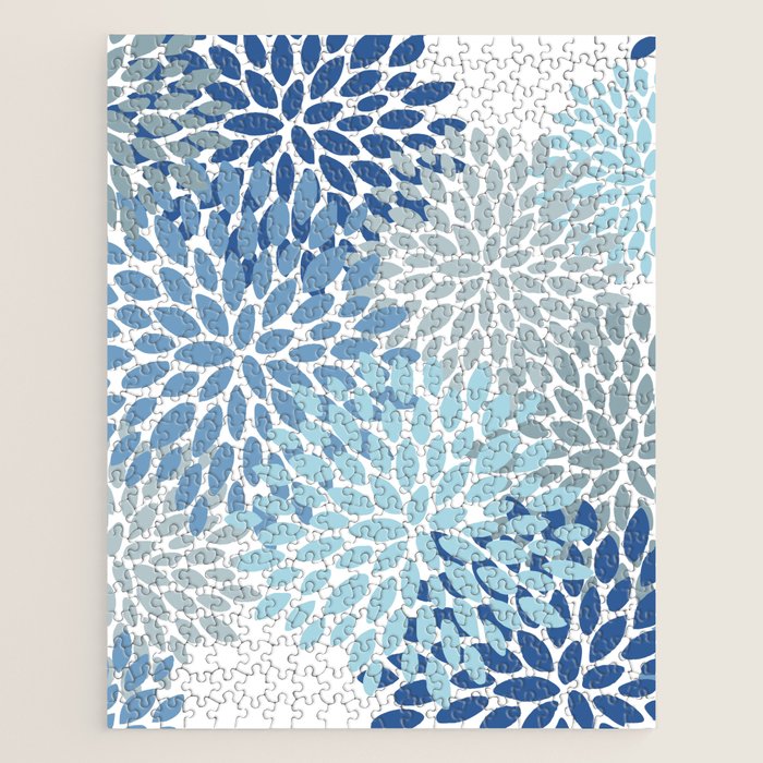 Festive, Floral Pattern, Blue and Gray, Floral Prints Jigsaw Puzzle Gallery Image 1
