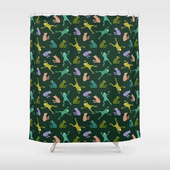 Frog party, fun frogs pattern dark Shower Curtain Gallery Image 1