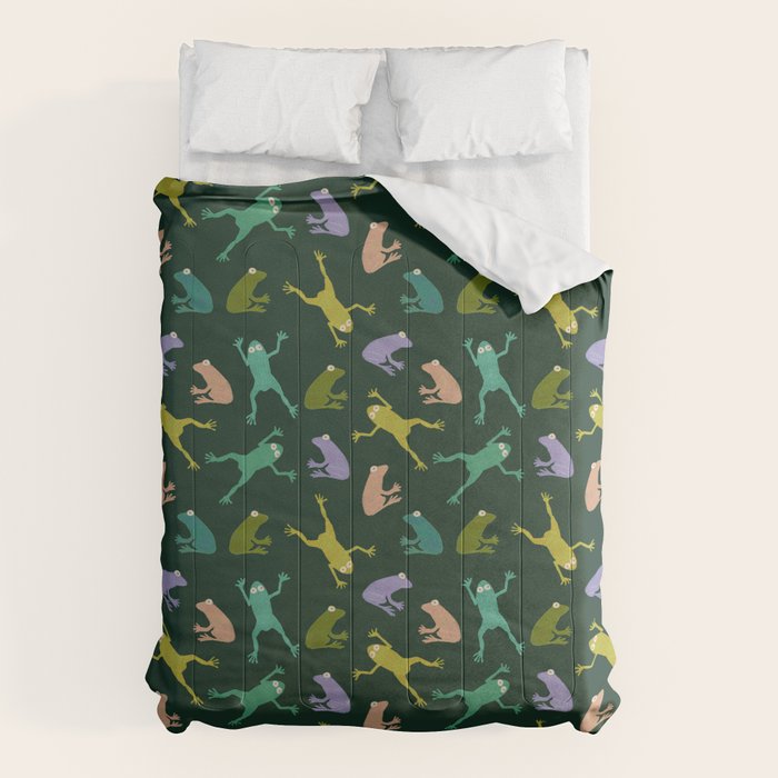 Frog party, fun frogs pattern dark Comforter Gallery Image 1