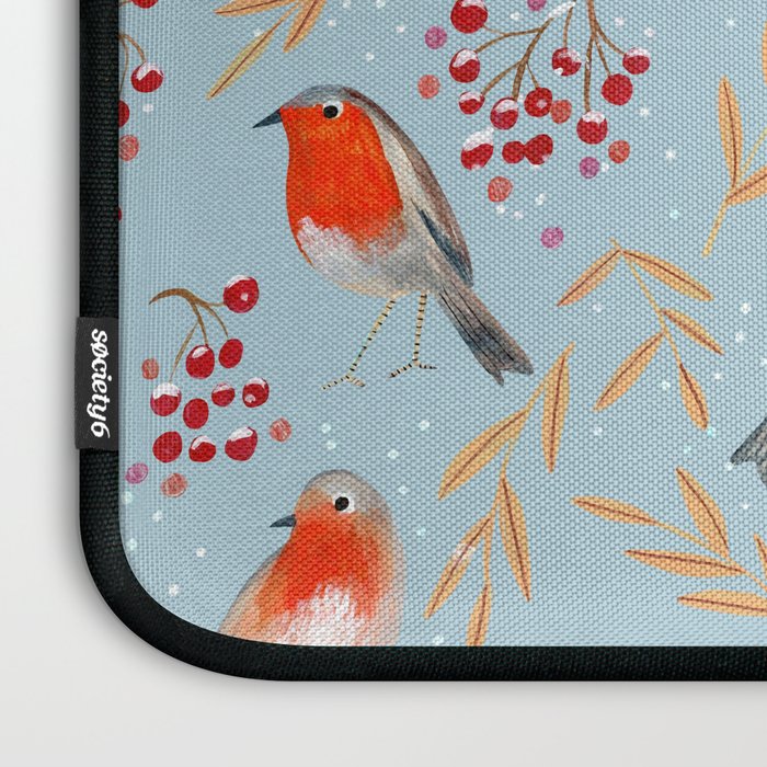 Cute red Robin birds and berries blue winter Laptop Sleeve Gallery Image 3