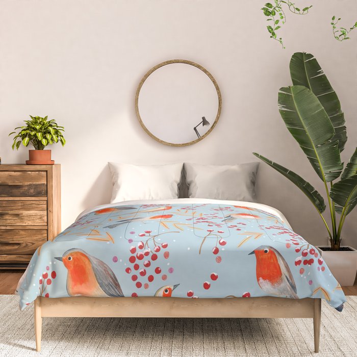 Cute red Robin birds and berries blue winter Comforter Gallery Image 3
