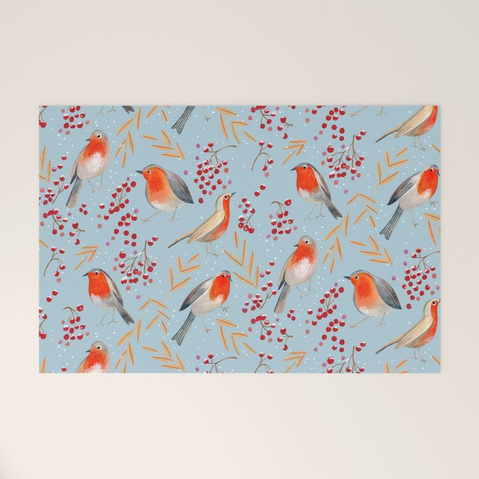 Cute red Robin birds and berries blue winter Welcome Mat Gallery Image 1