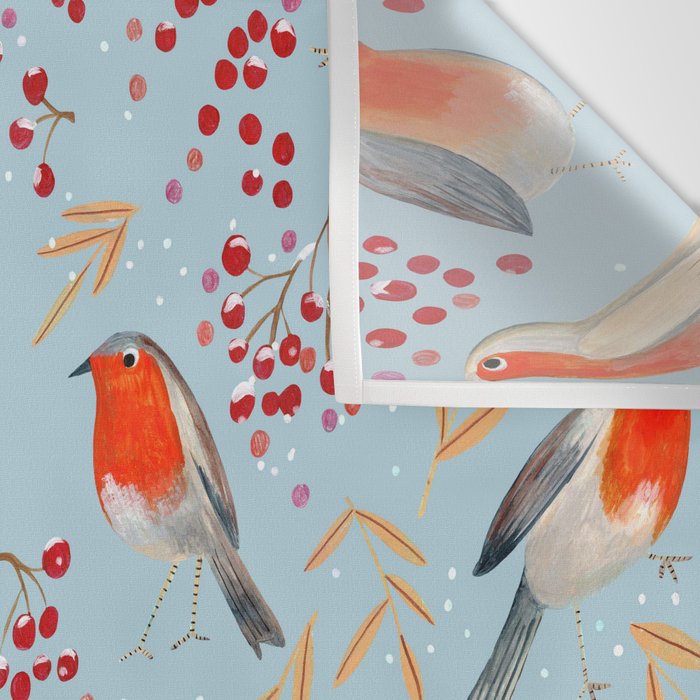 Cute red Robin birds and berries blue winter Wall Tapestry Gallery Image 3