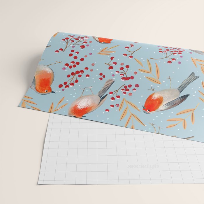 Cute red Robin birds and berries blue winter Wrapping Paper Gallery Image 2