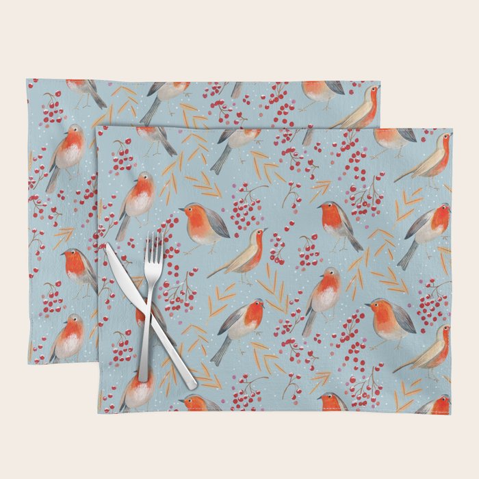 Cute red Robin birds and berries blue winter Placemat Gallery Image 1