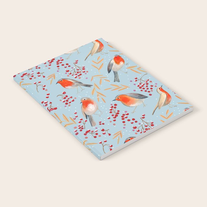 Cute red Robin birds and berries blue winter Notebook Gallery Image 1