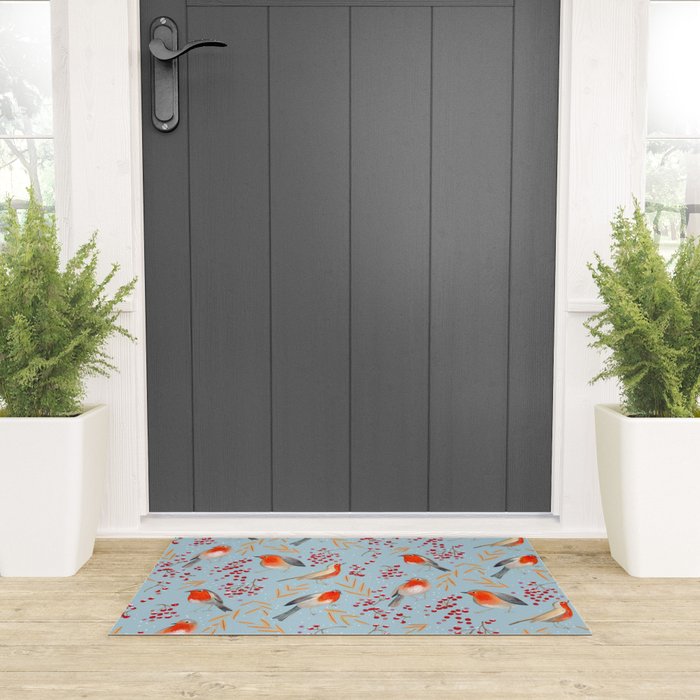 Cute red Robin birds and berries blue winter Welcome Mat Gallery Image 3