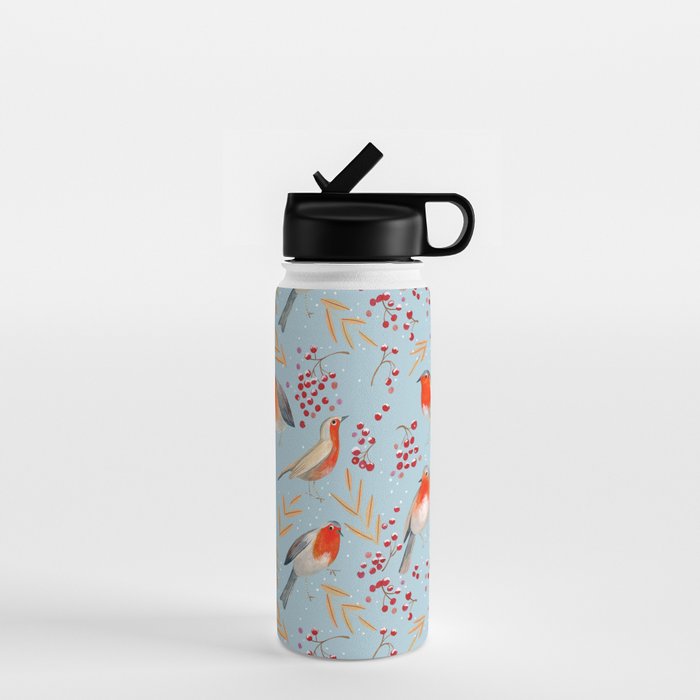 Cute red Robin birds and berries blue winter Water Bottle Gallery Image 1