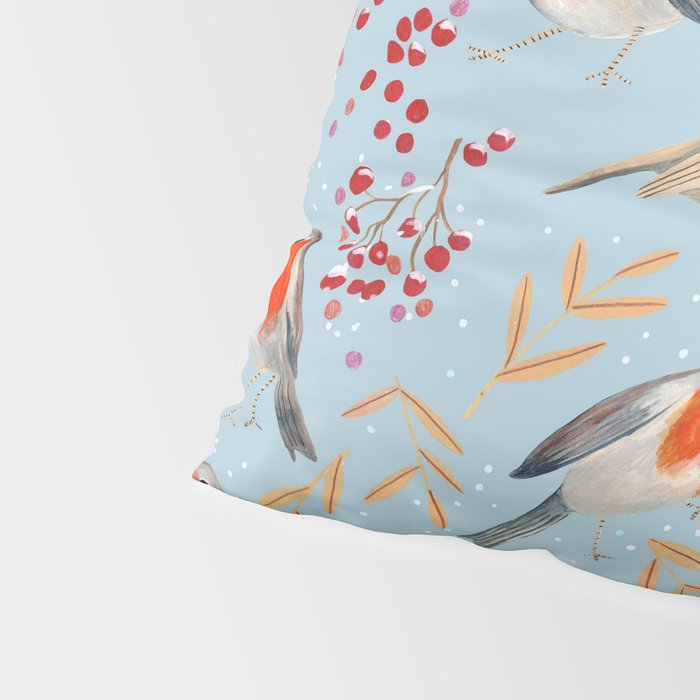 Cute red Robin birds and berries blue winter Pillow Sham Gallery Image 4
