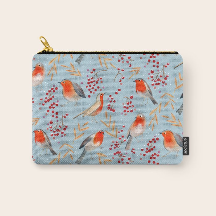 Cute red Robin birds and berries blue winter Carry All Pouch Gallery Image 1