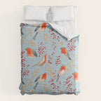 Cute red Robin birds and berries blue winter Comforter Gallery Image 6