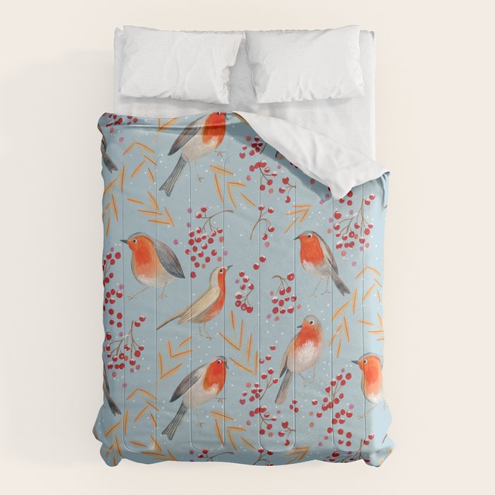 Cute red Robin birds and berries blue winter Comforter Gallery Image 6