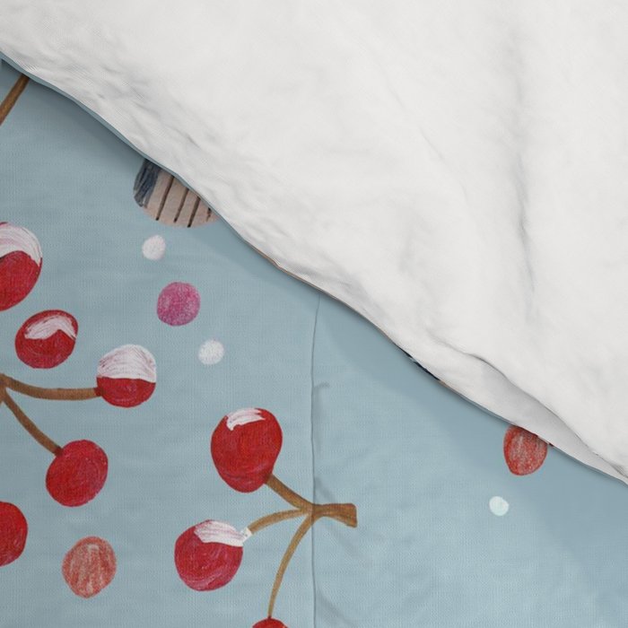 Cute red Robin birds and berries blue winter Comforter Gallery Image 4