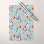 Cute red Robin birds and berries blue winter Wrapping Paper Gallery Image 1