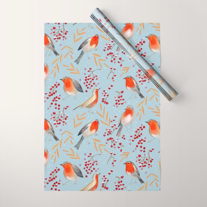 Cute red Robin birds and berries blue winter Wrapping Paper Gallery Image 1