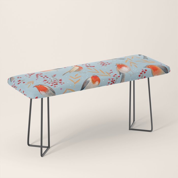 Cute red Robin birds and berries blue winter Bench Gallery Image 1