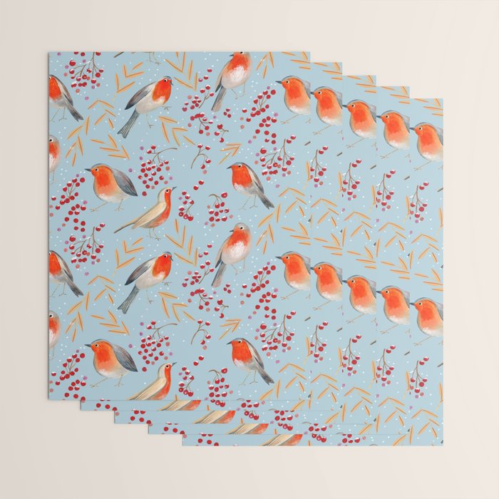 Cute red Robin birds and berries blue winter Wrapping Paper Gallery Image 3