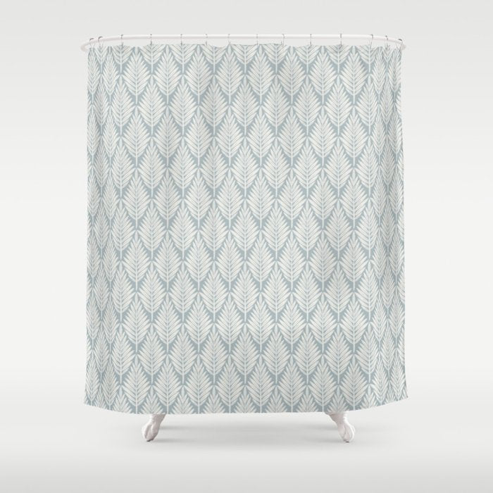 Linocut Palm Leaves . Coastal Blue Shower Curtain Gallery Image 1
