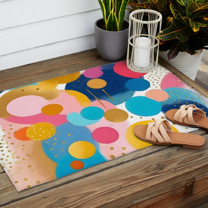 Good Days, Fun Abstract Celebration, Happiness Enjoy Confetti Party, Celebrate Polka Dots Shapes Random Quirky, Eclectic Bohemian Contemporary Outdoor Rug Gallery Image 2
