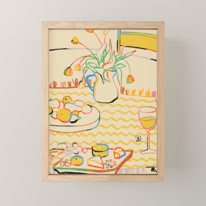 YELLOW TULIPS, WINE AND CHEESE Mini Art Print Gallery Image 1