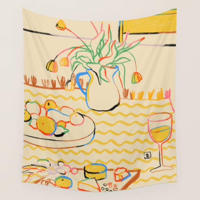 YELLOW TULIPS, WINE AND CHEESE Wall Tapestry Gallery Image 4