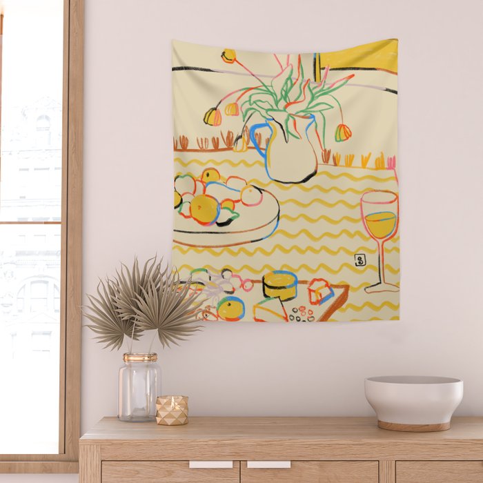 YELLOW TULIPS, WINE AND CHEESE Wall Tapestry Gallery Image 2