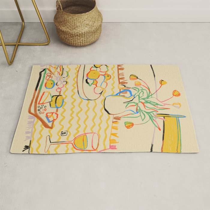 YELLOW TULIPS, WINE AND CHEESE Rug Gallery Image 1