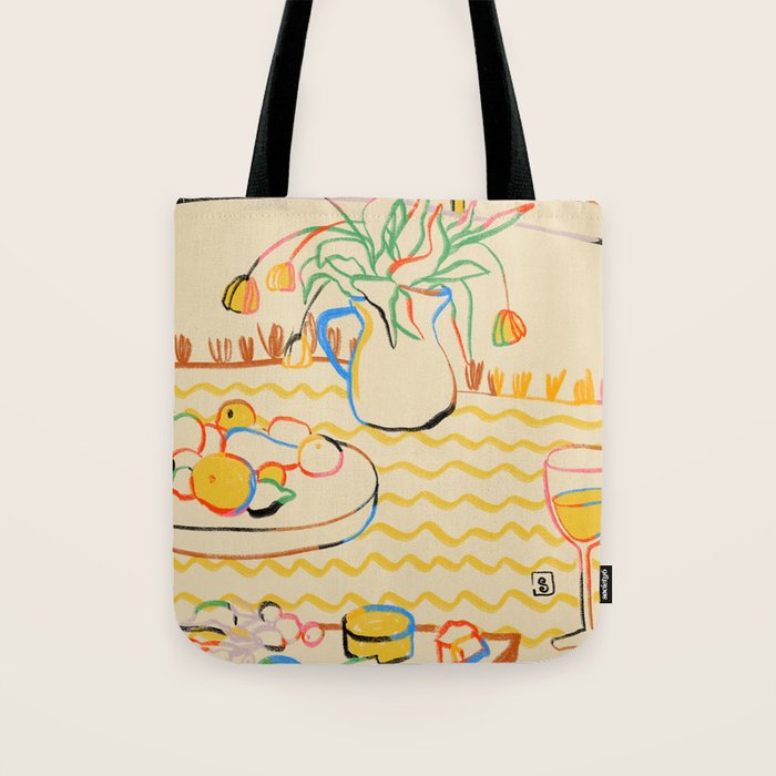 YELLOW TULIPS, WINE AND CHEESE Tote Bag Gallery Image 1