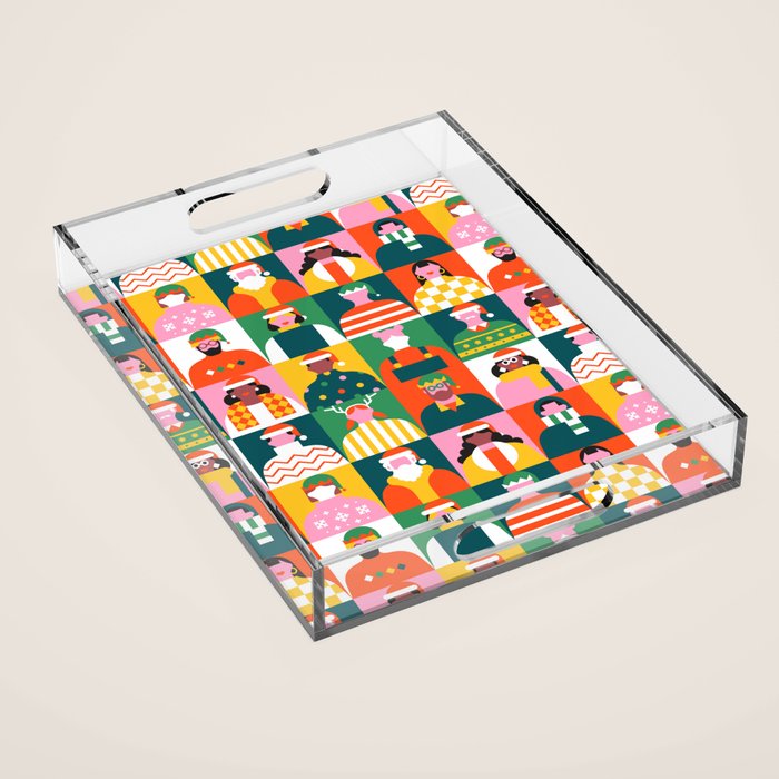 Diverse festive christmas people mosaic pattern Acrylic Tray Gallery Image 1