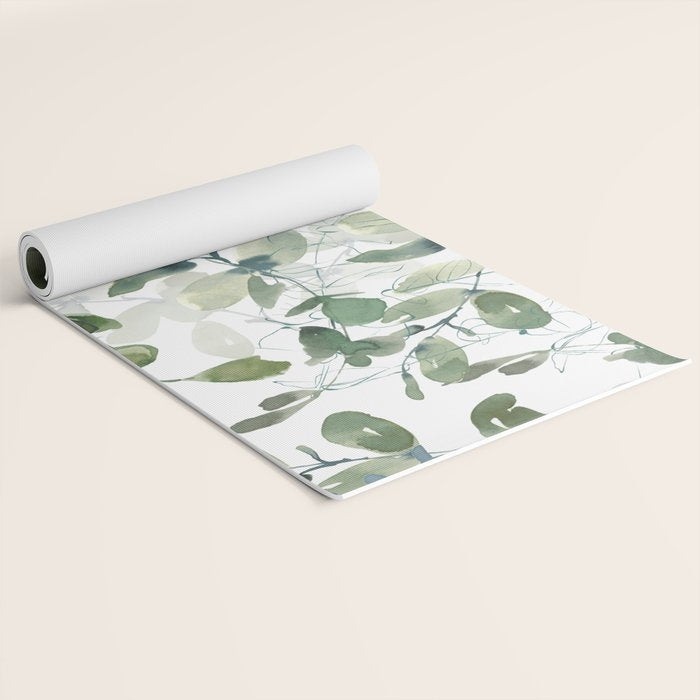 Festive, Watercolor, Leaves Print, White and Green Yoga Mat Gallery Image 2