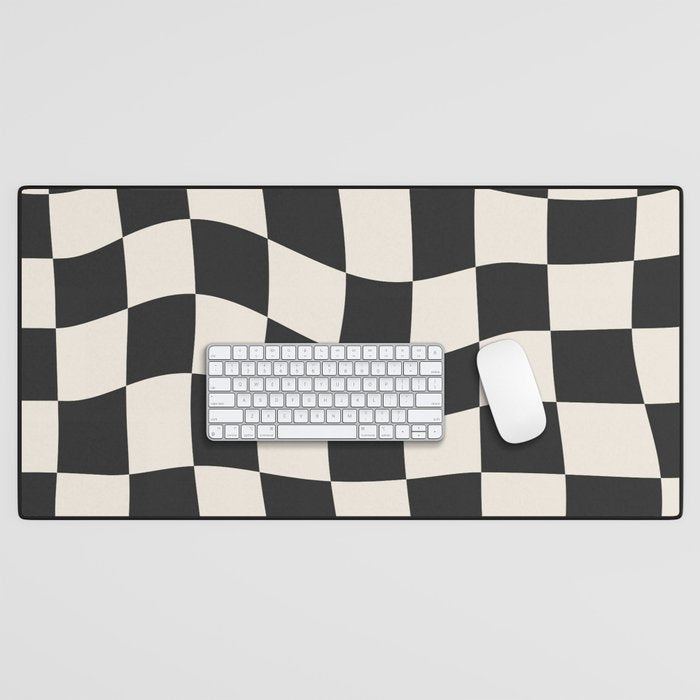 Black and White Wavy Checkered Pattern Desk Mat Gallery Image 1