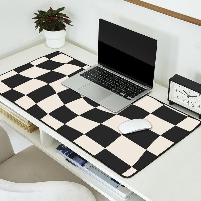 Black and White Wavy Checkered Pattern Desk Mat Gallery Image 2