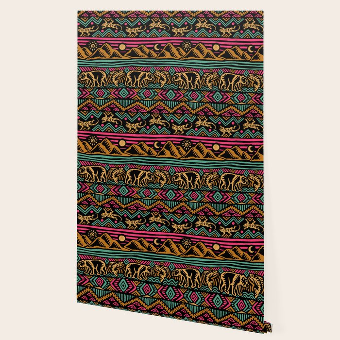Mangatsika Mountain Stripe - Gold, pink, and teal Wallpaper Gallery Image 2