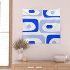 Mid Century Modern Piquet Abstract Pattern Royal Blue Light Blue White Wall Tapestry Gallery Image 2