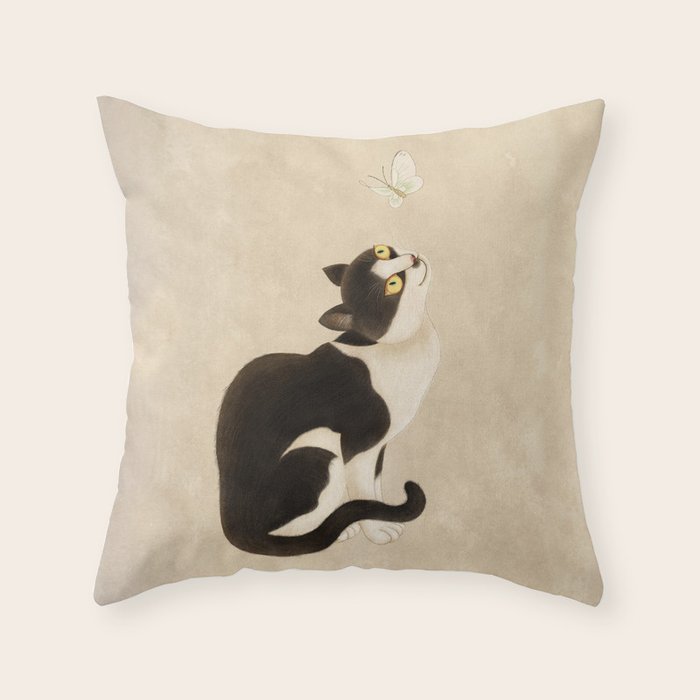 Minhwa: cat & butterfly (Korean traditional/folk art) Throw Pillow Gallery Image 6