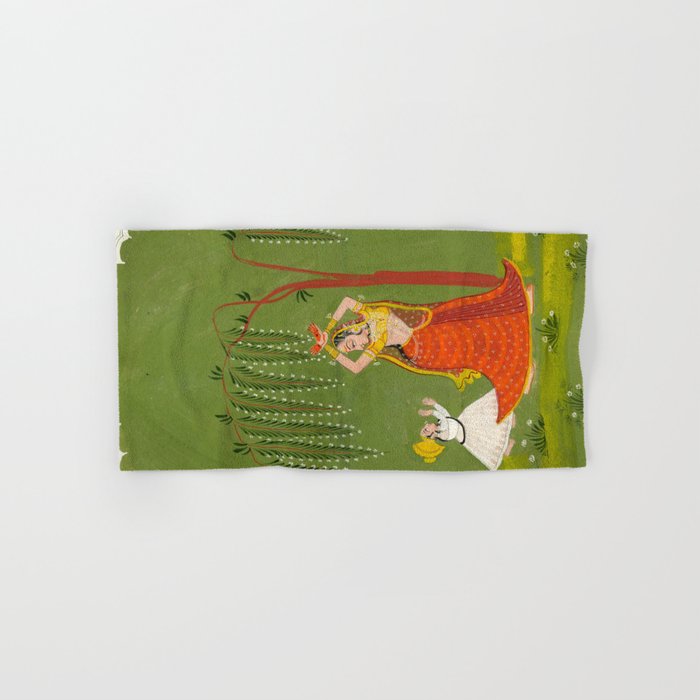 A female attendant is standing in tribhanga pose under a tree. A small child vies for her attention. Bath Towel Gallery Image 1