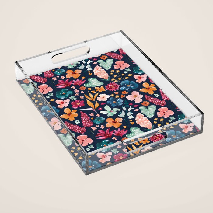 Colorful Tropical Jungle Watercolor Botanical Floral on Navy Blue Acrylic Tray Gallery Image 1