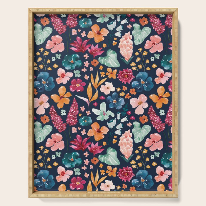 Colorful Tropical Jungle Watercolor Botanical Floral on Navy Blue Serving Tray Gallery Image 1
