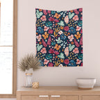 Colorful Tropical Jungle Watercolor Botanical Floral on Navy Blue Wall Tapestry Gallery Image 2