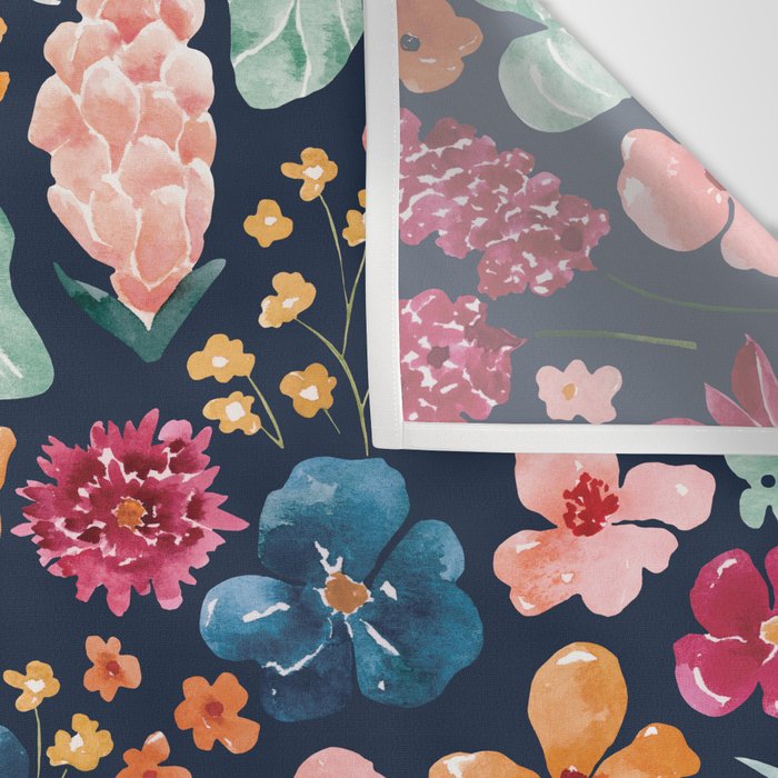 Colorful Tropical Jungle Watercolor Botanical Floral on Navy Blue Wall Tapestry Gallery Image 3