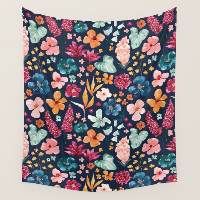 Colorful Tropical Jungle Watercolor Botanical Floral on Navy Blue Wall Tapestry Gallery Image 4