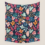 Colorful Tropical Jungle Watercolor Botanical Floral on Navy Blue Wall Tapestry Gallery Image 4