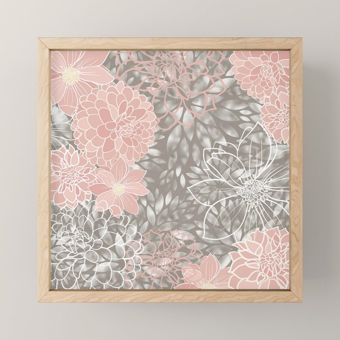Festive, Floral Pattern Dahlias, Pink, Gray, White Mini Art Print Gallery Image 1