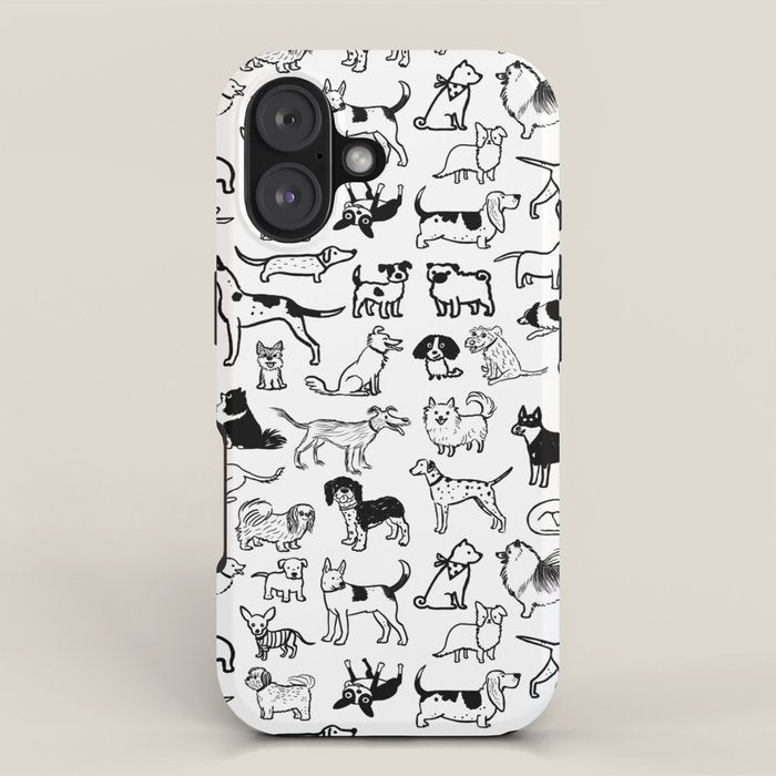 Black and White Dog Drawings | Cute Dog Breeds Pattern iPhone Case Gallery Image 1