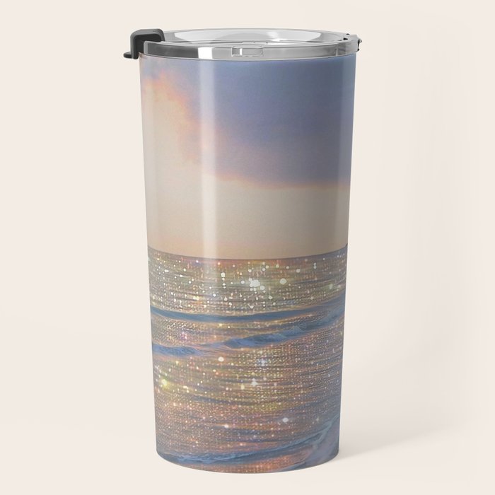 MAGIC OCEAN - glitter artwork by Yana Potter artist. Sparkling waves, pastel blue, beautiful nature. Travel Mug Gallery Image 3